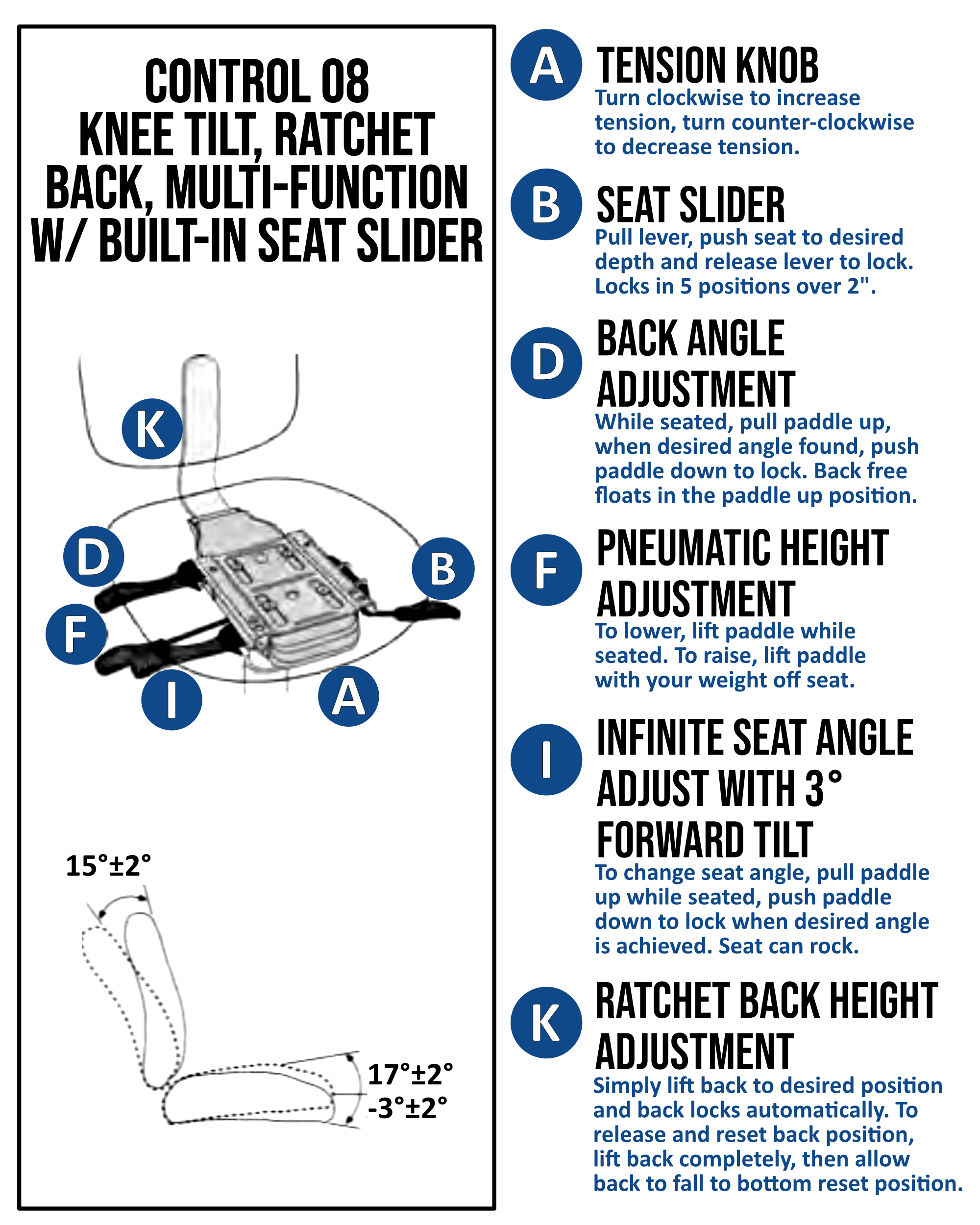 Multi-function 08-control with ratchet back, knee tilt and built-in seat slider - Model 8218